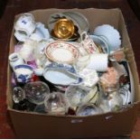 A boxed lot of household items to include a pair of glass storage bottles, Murano type glass figure,