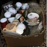 A boxed quantity of household glass and ceramics to include Wade, moulded glass fruit bowls, jugs,