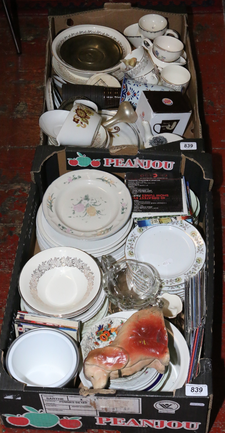 Two boxes of C20th household ceramics including plates, cups and saucers, figures etc.