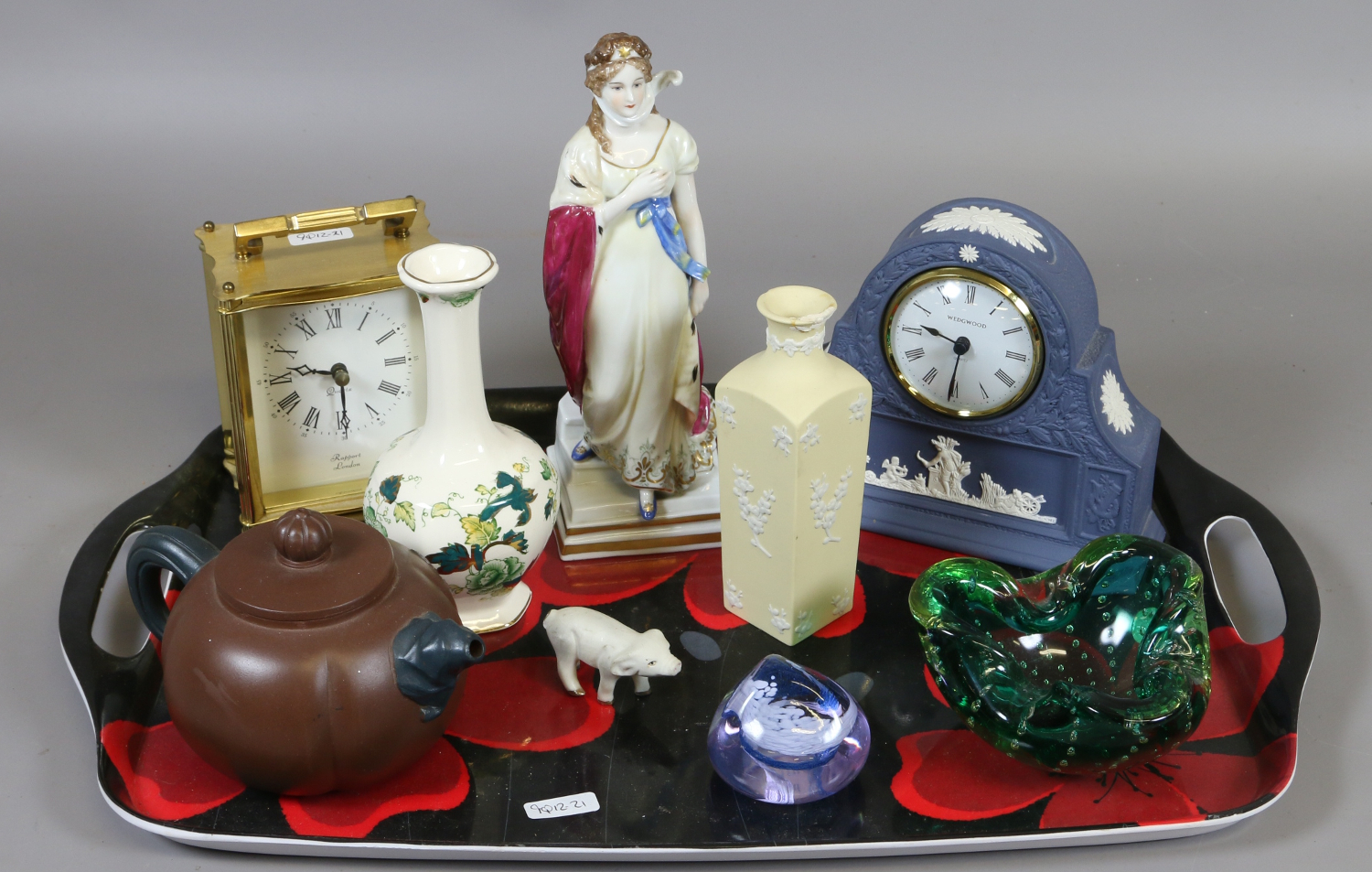 A small collection of ceramics to include Wedgwood mantel clock, Masons bottle vase,