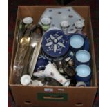 A box of ceramics and silver plate to include Wedgwood,