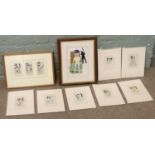 A Ramsbottom, a pair of framed and seven unframed watercolour caricatures of cricketing interest.