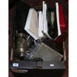 A box of assorted metalwares including silver plate, cocktail shaker, soda syphon,