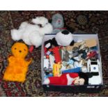 A box of miscellaneous toys to include Sooty, sweep and Sue puppets, action figures,