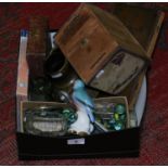A small box containing a quantity of items to include glass paperweight, printing block, C.A.