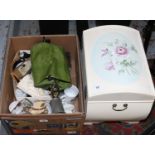 A painted dome top box and a box of miscellaneous including commemorative ware,