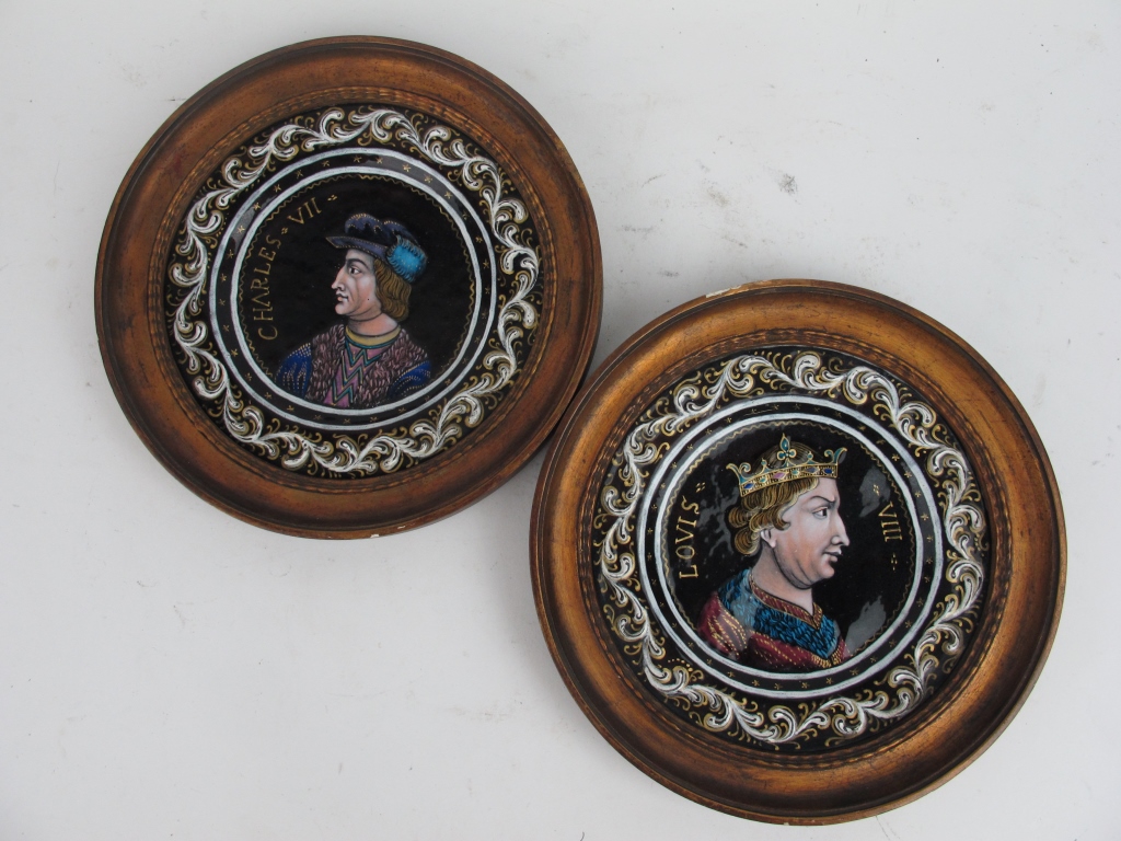 Pair Antique Enamel on Copper Portrait Plaques