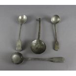 Three Victorian pewter sauce ladles (various marks) and a 17th century type pewter spoon, with I.H