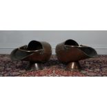 Two copper coal scuttles, cylindrical form. 34cm high x 41cm long. Used condition, one with repair