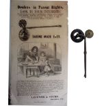 A rare American patent combination pie rimmer, crimper and pastry cutter, the iron stem stamped with