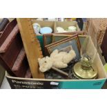 Box of 2 oil lamps, spoon racks, etc.