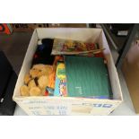 Box of childrens books, soft toys etc.