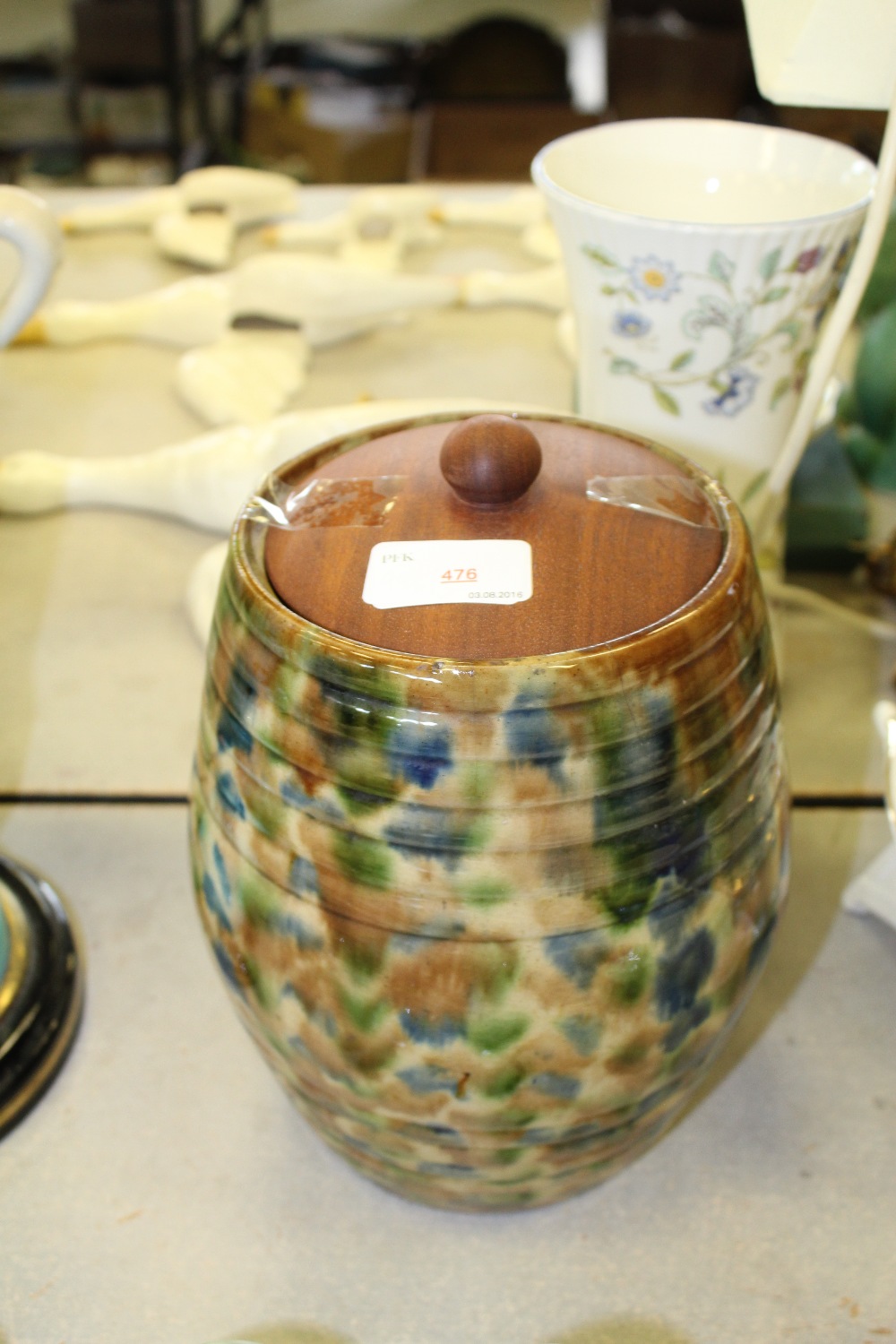 Victorian kitchen meal barrel multi sponge coloured with lid. 9" high