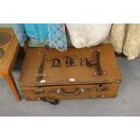 Vintage large expanding suitcase with monogram and decorative lining