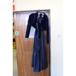 1980's navy satin and velvet designer two piece dress and bolero jacket outfit by 'John Charles'