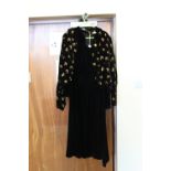 1930's/40's Velult black dress with gathered deep cults with jacket floral painted designs