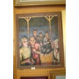 20th Century British School - Oil painting - Christmas gathering, with various figures, canvas