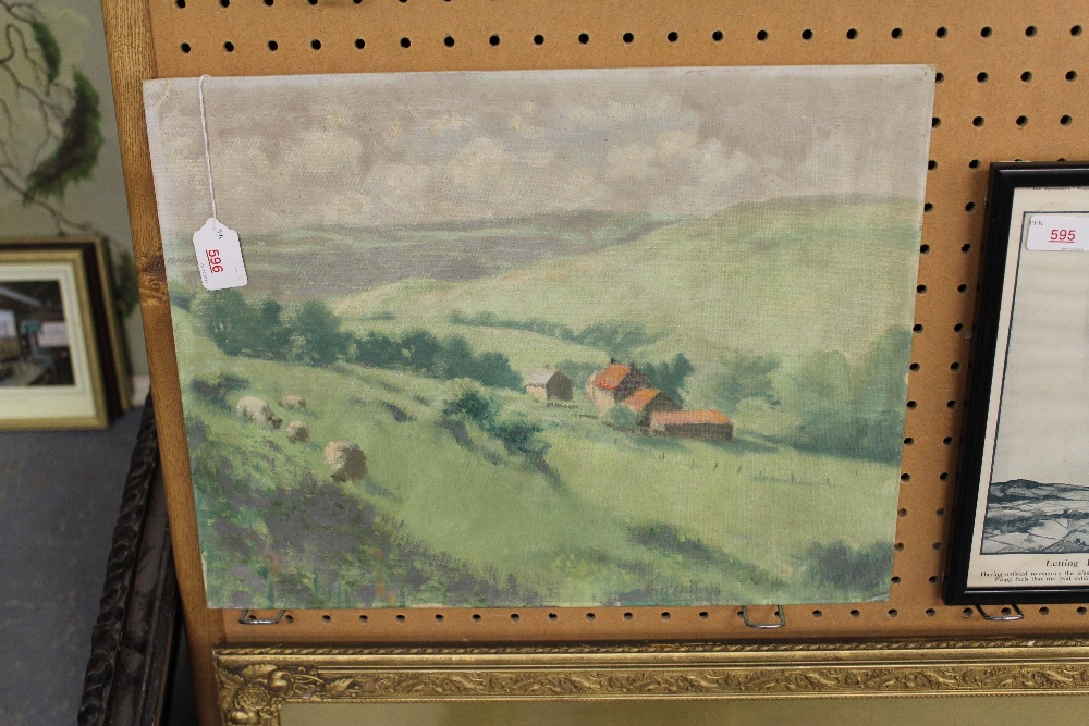 20th Century British School - Oil painting - Country landscape, with sheep to foreground, board 35cm