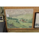 20th Century British School - Oil painting - Country landscape, with sheep to foreground, board 35cm