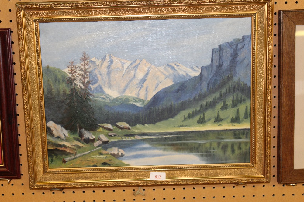 20th Century School - Oil painting - Swiss mountain scene, board 38cm x 52.5cm, in gilt frame Good