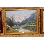 20th Century School - Oil painting - Swiss mountain scene, board 38cm x 52.5cm, in gilt frame Good