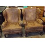 Pair of Ladies and Gentleman's Cabriole Leg Wing Arm Chairs Upholstered in Faux Suede