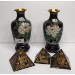 Pair of Chinese Cloisionne Vases with Chrysanthemum Decoration on Small Stands together with Three