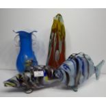 Two Murano Glass Fish, Murano Glass Vase and one other