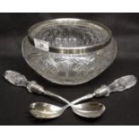 Cut Glass Salad Bowl and Servers with Plated Rim and Forks and Spoon