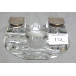 Art Deco Style Glass Inkstand with Hall Marked Silver Lids