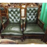 Late Victorian Pair of Gentleman's and Ladies Armchairs Upholstered in Green Leather