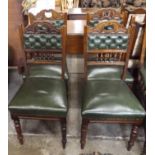 Set of Four Matching Victorian Carved Oak Dining Chairs Upholstered in Green Leather