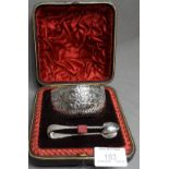 Cased Hall Marked Silver Sugar Bowl and Silver Sugar Tongs