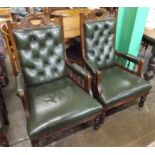 Pair of Victorian Ladies and Gentleman's Armchairs in Green Leather Upholstery