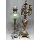 French Spelter and Marble Oil Lamp Base with Glass Vessel and a Large French Style Candlestick