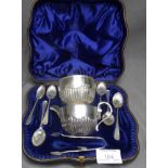 Cased Hall Marked Silver Set of Sugar and Cream Jug, Six Hall Marked Silver Spoons and Sugar Tongs