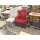 Spanish Style Walnut Framed Upholstered Armchair with Button Back