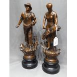 Pair of 19th Century 40cm Spelter Figures "Sewing" and "The Harvest"