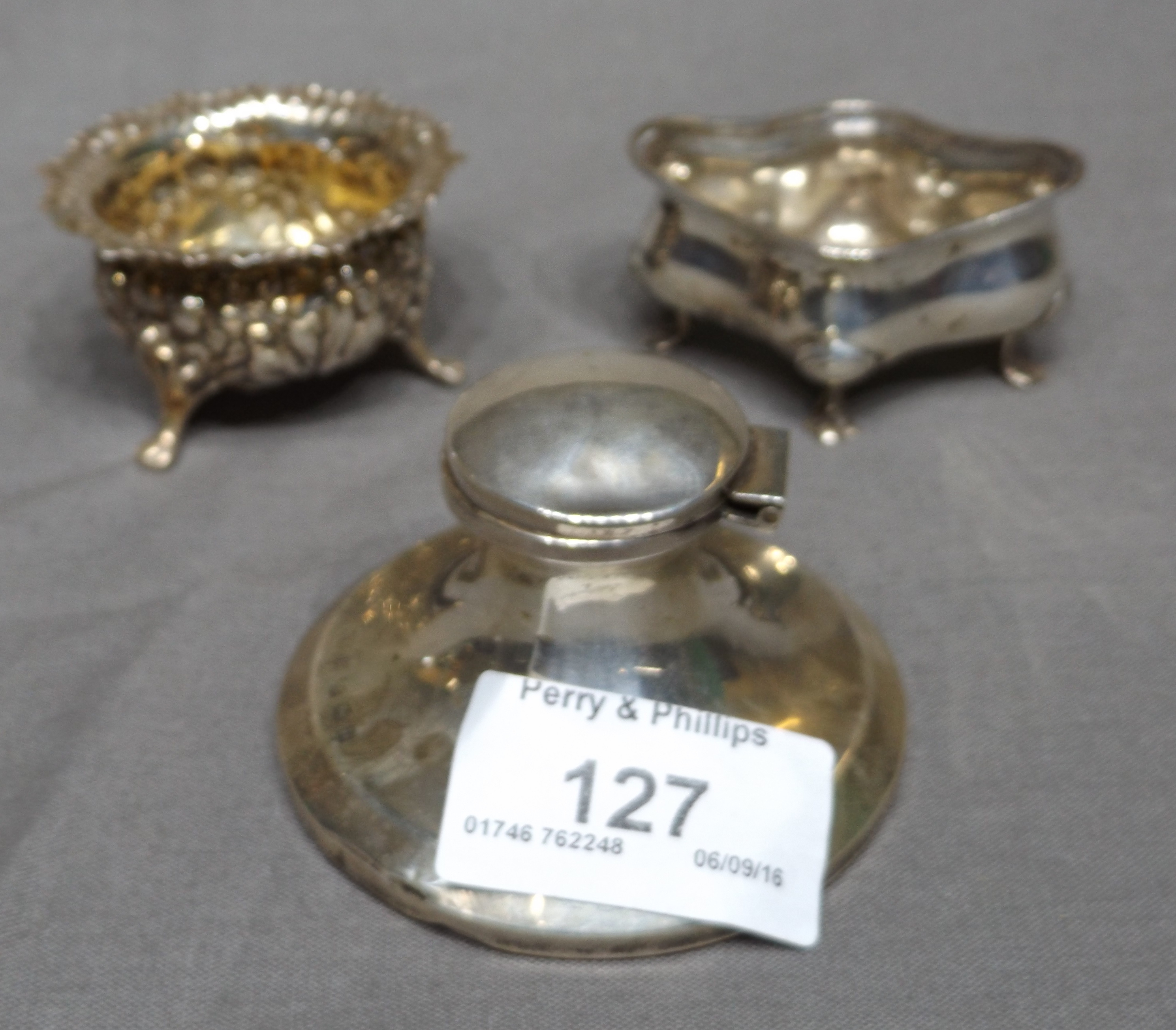 Silver Inkwell and Two Silver Salts