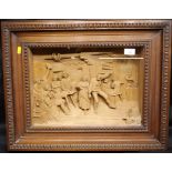 Framed Relief Carved Panel 18" wide of a Party Scene with Dancers signed E Seiner