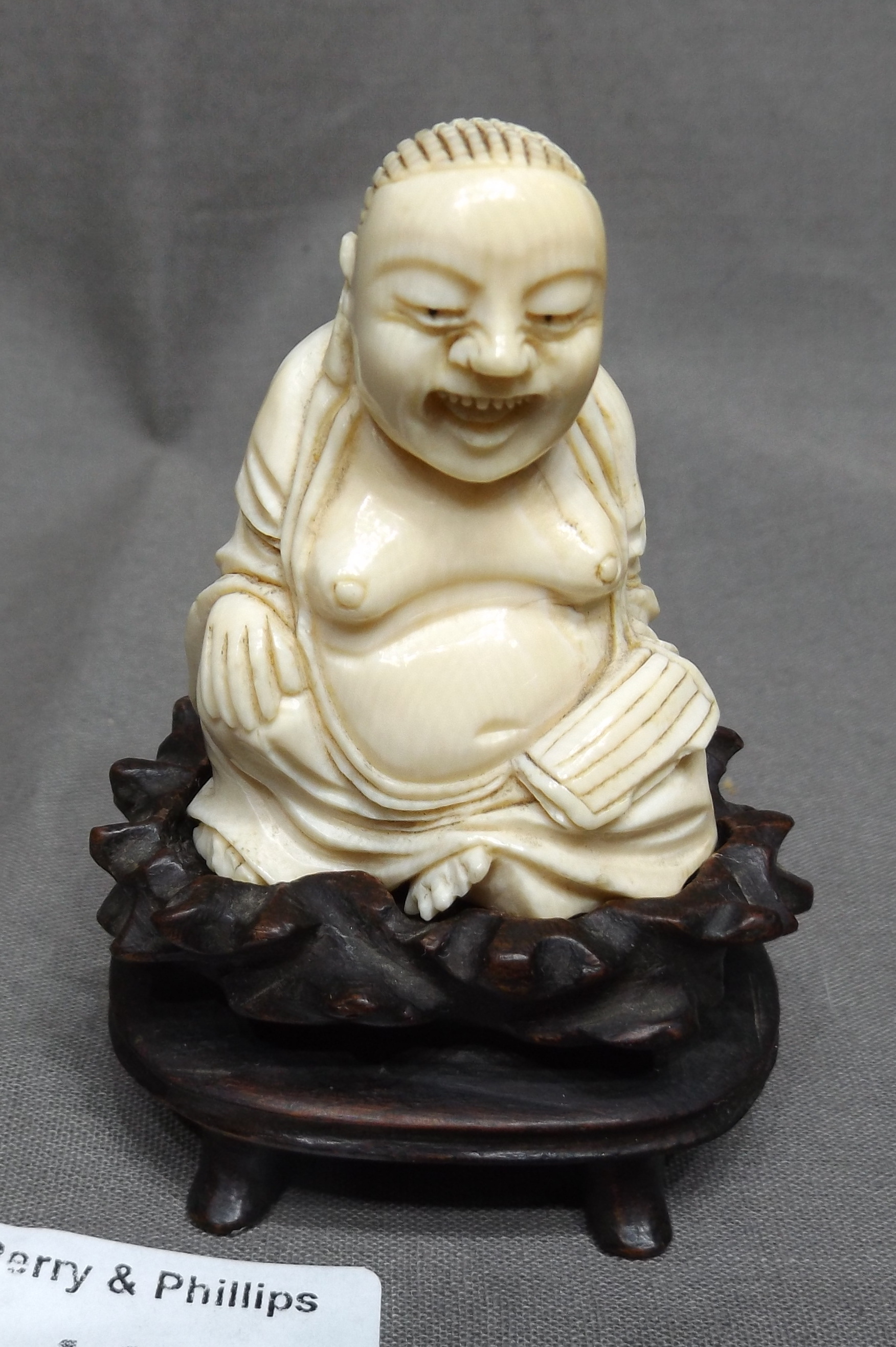 2" Carved Ivory Figure of a Smiling Buddha on Carved Wooden Base 3.25" high overall