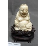 2" Carved Ivory Figure of a Smiling Buddha on Carved Wooden Base 3.25" high overall