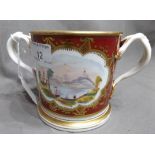 Coalport Two Handled Loving Cup with Painted Panel of River Scene to the front inscribed on