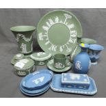Eight Pieces of Green Wedgwood Jasper Ware including Vases, Boxes, Cup & Saucer together with