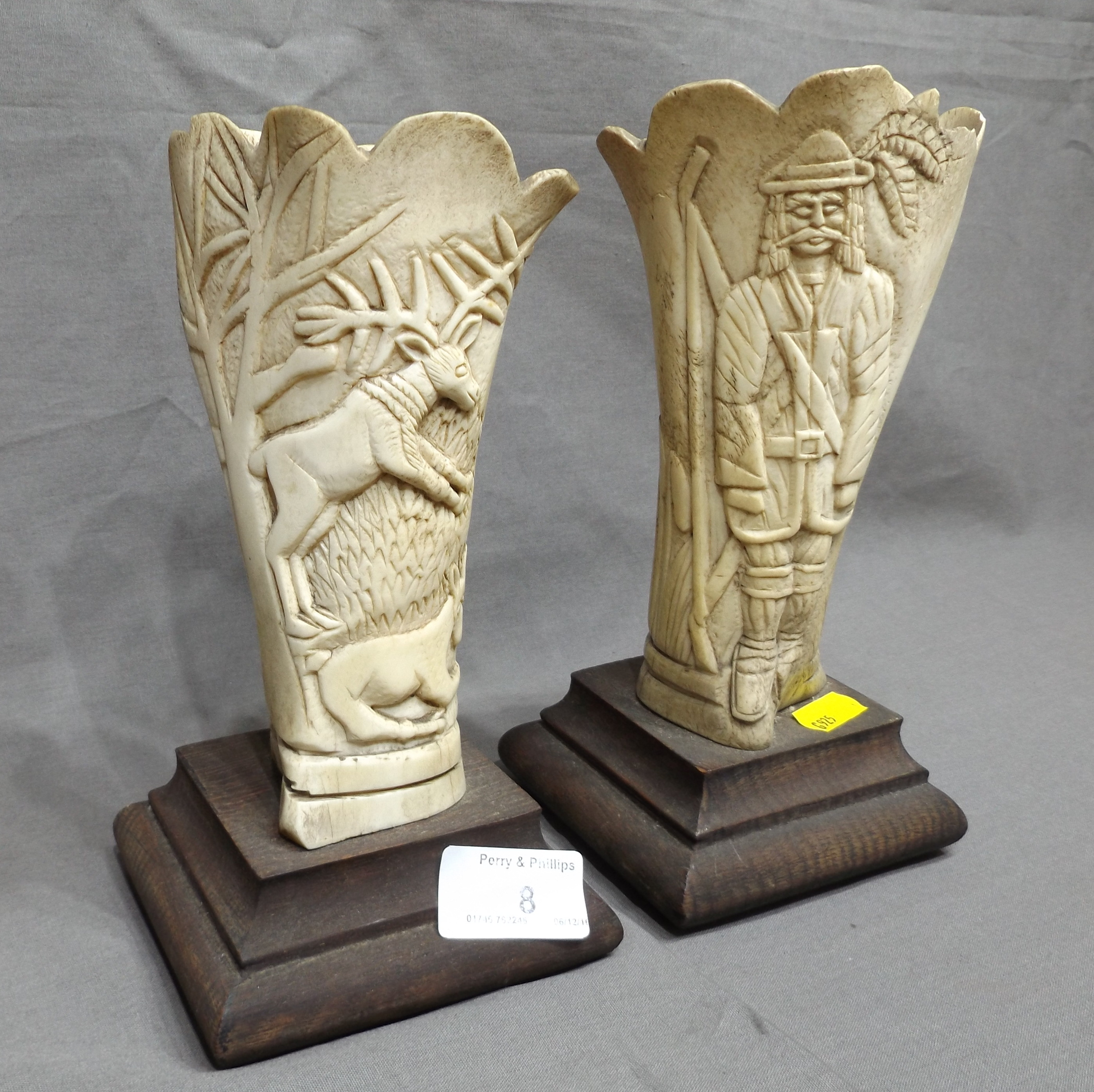 Pair of Carved Antler Vases, one with deer and the other with a Swiss huntsman 7" high