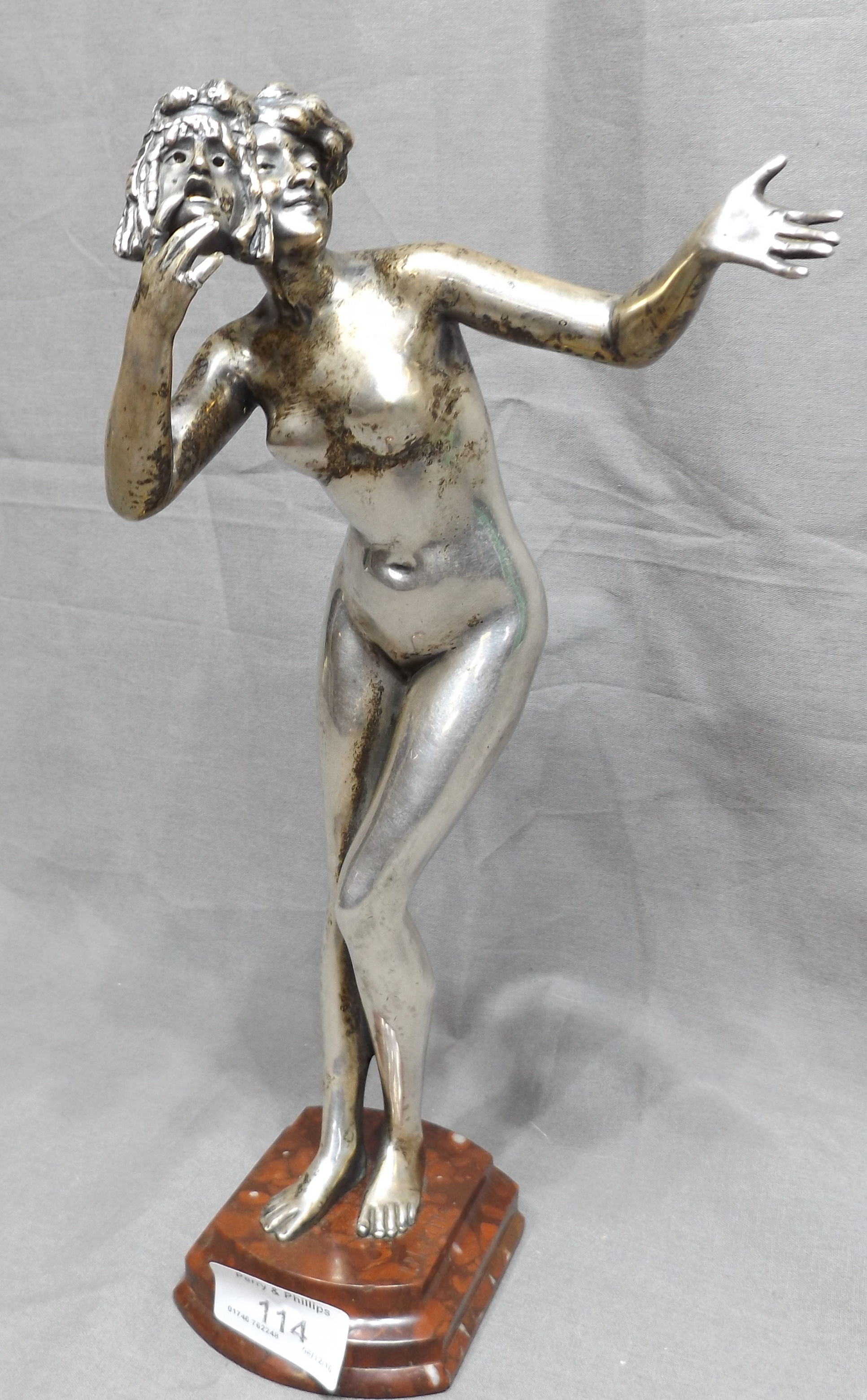 Silvered Bronze Figure of a Nude Dancer with Mask signed P Philippe on Brown Onyx Pedestal 28cm high