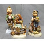 Three Hummel Figures, Boy with Basket, Girl Feeding Chickens and Girl Sitting on a Bench