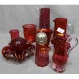 Ten Pieces of Cranberry Glass including Sugar Sifter, Vases, Jugs etc