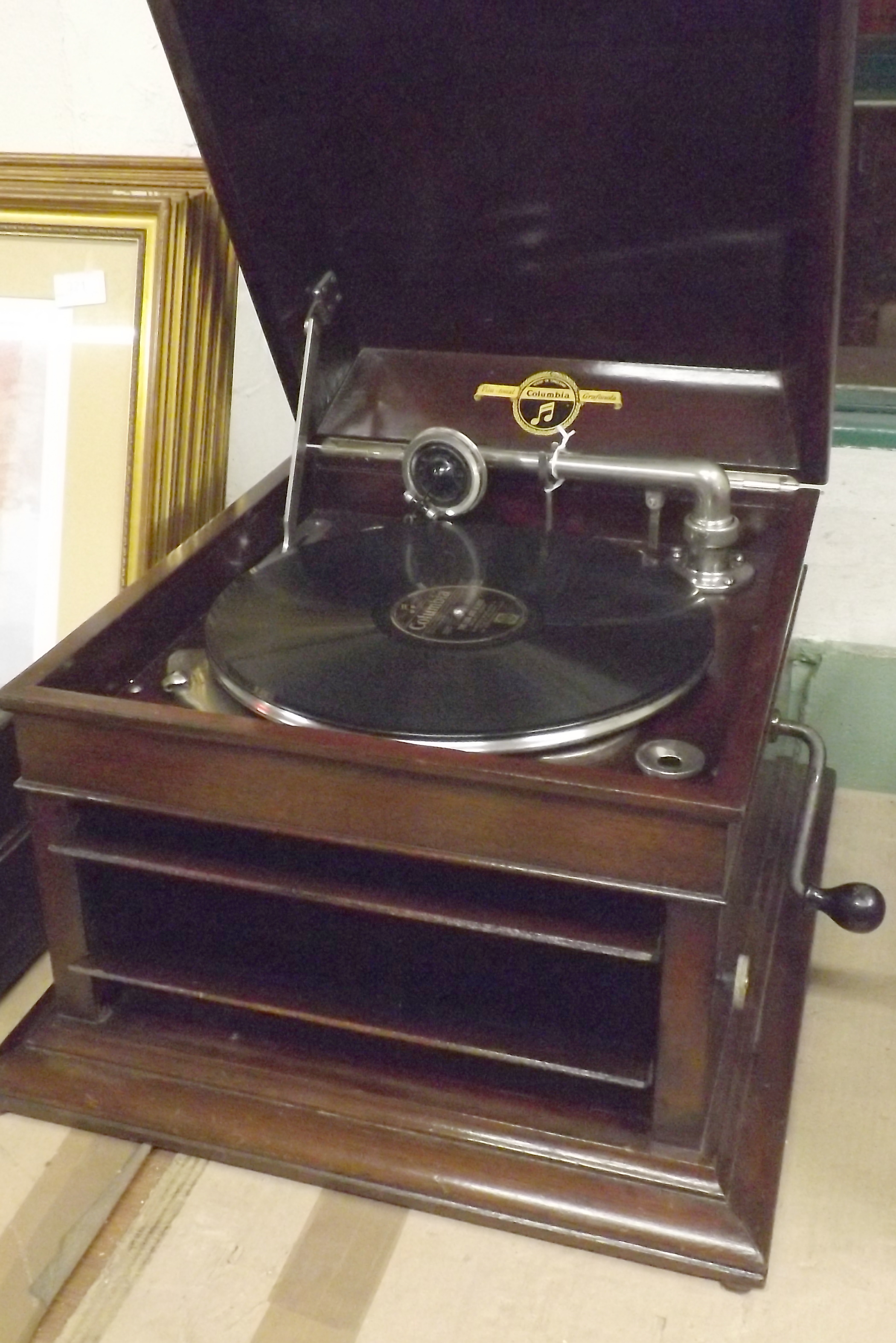 Columbia Wind Up Gramophone in Mahogany Case with Large Quantity of 78 Records