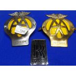 Two AA Car Badges and a Rolls Royce Badge